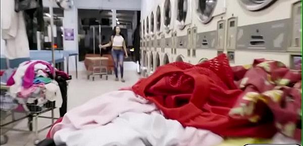  Brunette babe Annika Eve fucking a guy in the laundry shop